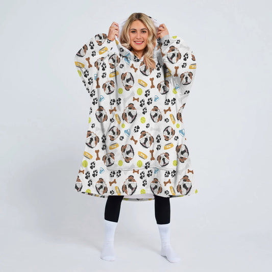 Illutration Smiling Bull Dog Face With Bone And Paw And Ball Wearable Blanket Hoodie For Adult, Oversized Sherpa Blanket Sweatshirt With Hood Pocket And Sleeves
